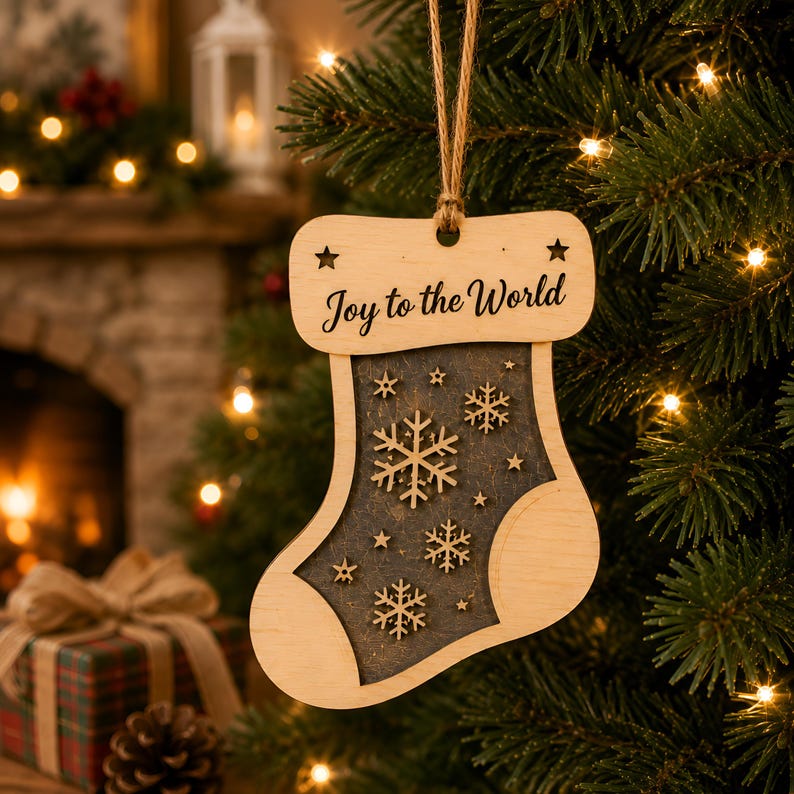 Op de afbeelding: Een houten kerstsokornament met een lichthouten frame waarin bovenaan de tekst Joy to the World is gegraveerd. Het midden is een donkergrijs paneel versierd met kleine houten uitsparingen van sneeuwvlokken en sterren, opgehangen aan een touwtje.