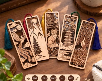 May include: Five rectangular wooden bookmarks featuring intricate laser-cut designs of a phoenix, mountain landscape, fox, pagoda, and peacock. Each bookmark includes a colored tassel in teal, red, yellow, green, or blue. A label displays PDF, EPS, DXF, AI, and SVG.