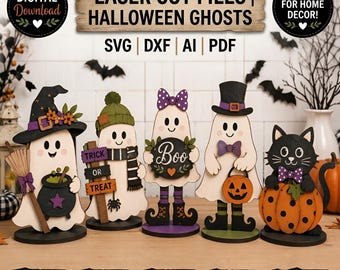 May include: A set of five laser cut wooden Halloween figures including four ghosts and one black cat. The ghosts feature accessories like a witch hat, broom, cauldron, scarf, beanie, bow, and pumpkin bucket. The cat sits inside a pumpkin.