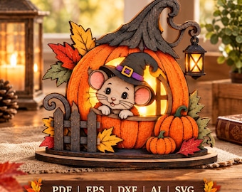 May include: A layered wooden cutout decoration featuring a mouse wearing a witch hat inside a carved pumpkin. The scene includes autumn leaves, a small fence, and a hanging lantern. The text PDF | EPS | DXF | AI | SVG is displayed below.