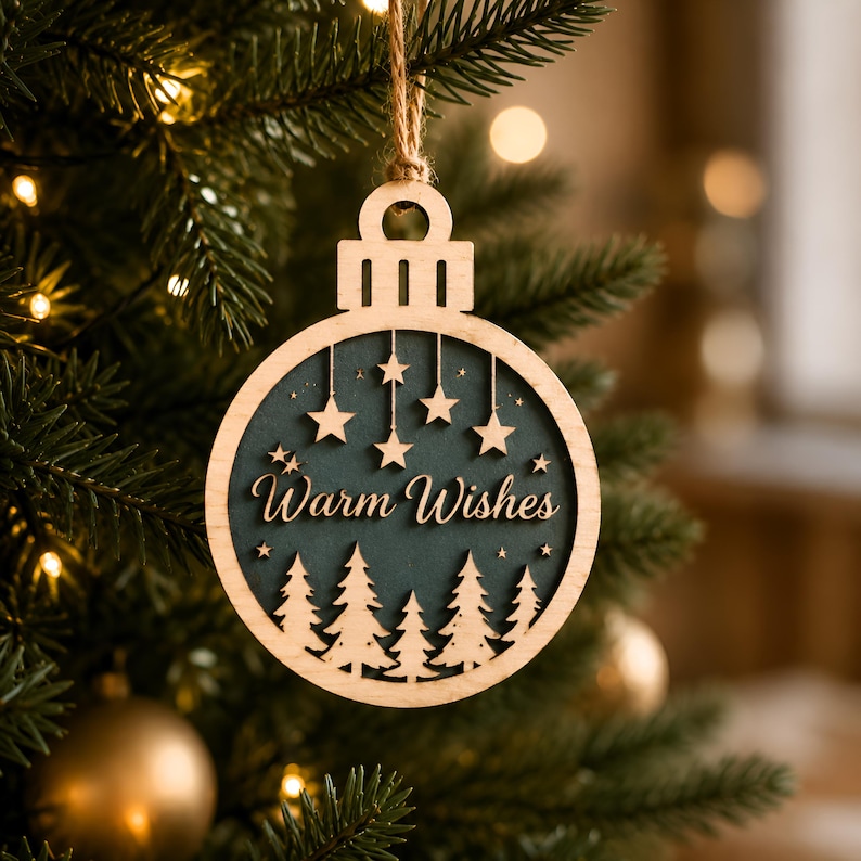 Op de afbeelding: Een ronde houten kerstornament met een donkergroene uitgesneden kern met de tekst Warm Wishes in een sierlijk lettertype. Het ontwerp bevat gelaagde houten dennenbomen aan de onderkant en hangende sterren, opgehangen aan een touwtje.
