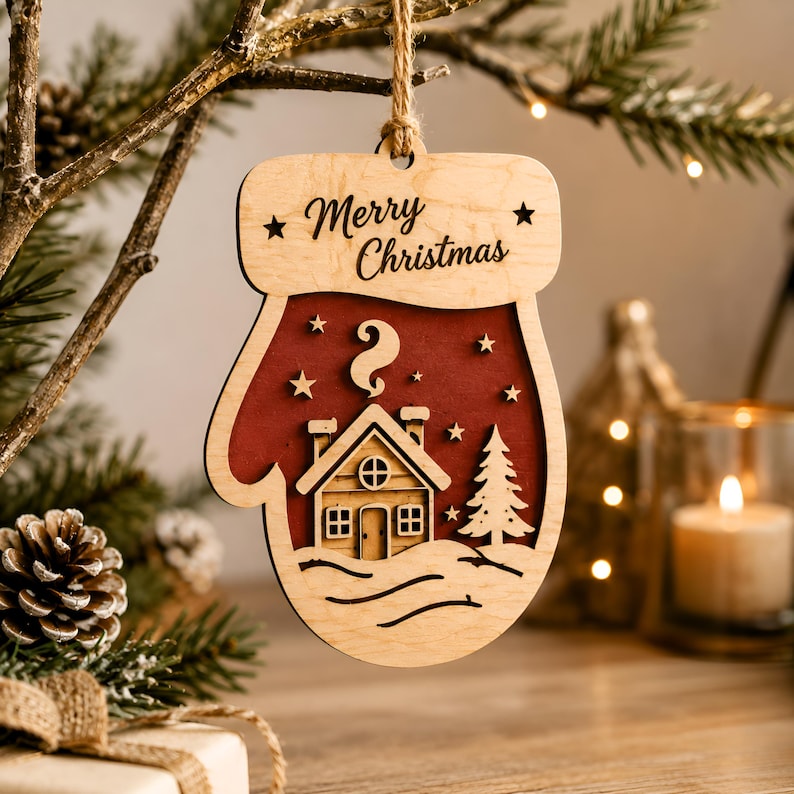 Op de afbeelding: Een houten kerstornament in de vorm van een want met een gelaagd ontwerp en een donkerrode achtergrond. De uitsparing toont een klein huisje met een schoorsteen en een dennenboom, geaccentueerd door sterren. De tekst Merry Christmas staat bovenaan.