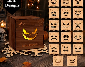 May include: A set of 17 laser-cut wooden box designs for Halloween, featuring various carved jack-o'-lantern faces and the text Happy Halloween. The files are available in PDF, EPS, DXF, AI, and SVG formats with a material thickness of 3mm or 4mm.