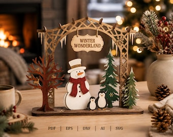 May include: A wooden decorative display featuring an arched trellis with icicle cutouts and a hanging sign that reads WINTER WONDERLAND. The scene includes a snowman with a red scarf, two penguins, a brown tree, and two green pine trees.