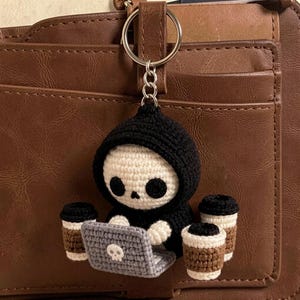 Bones and Bugs Crochet Coder Charm, Spooky Programmer Bag Accessory, Skeleton Desk Pet, Halloween Tech Humor Gift