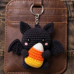May include: A black crocheted bat keychain featuring two small pink embroidered cheeks, black plastic eyes, and a triangular candy corn piece in white, orange, and yellow held in its arms. The bat is attached to a silver metal split ring.