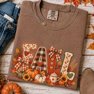 Faux Patchwork Floral Fall Comfort Colors Shirt, Coquette Pumpkin Bow Tee, Cute Autumn Shirt, Cozy Thanksgiving Gift For Her