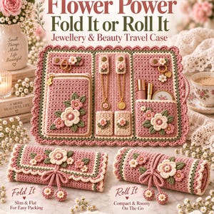 Op de afbeelding: Een gehaakt reisetui voor sieraden en cosmetica in oudroze en saliegroen met bloemapplicaties. Het etui toont een platte, open indeling met vakjes en bandjes, en twee gesloten versies: een plat gevouwen en een compact opgerolde variant.
