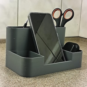 Pen and phone holder desk organizer, modern workspace storage, multifunctional stand