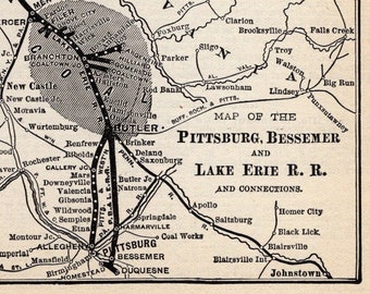 1901 Antique Pittsburgh Bessemer and Lake Erie Railroad Map  Railway System Map Wall Art Birthday Gift for Dad 1435