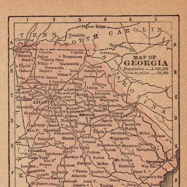 Tiny GEORGIA State Map 1888 Antique Miniature Map of Georgia Home Decor Wall Art Wedding Gift for Birthday Anniversary 140