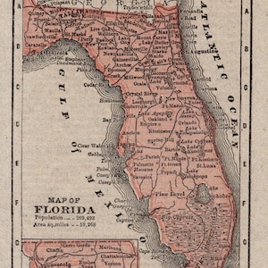 1888 Kleine FLORIDA State Map Antike Miniatur Karte von Florida Galerie Wandkunst Hochzeitsgeschenk für Jahrestag Geburtstag 2603