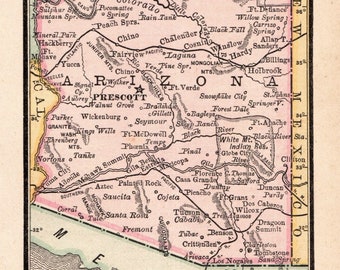 1888 Tiny ARIZONA State Map Mapa antiguo de Arizona MINIATURA Tamaño Arte de la pared Regalo para boda Aniversario Cumpleaños 12710