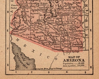 Tiny ARIZONA State Map 1888 Antique Miniature Map of Arizona Home Wall Decor Wedding Gift for Birthday Anniversary 2165
