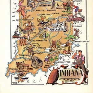 1940s Vintage INDIANA State Picture Map Animated Map of Indiana Farming Mining Tobacco Birthday Gift for Wedding Anniversary 584