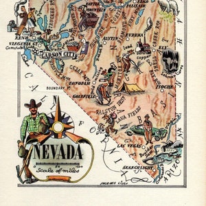 Carte du NEVADA vintage des années 1940, carte de l'état du Nevada, Boulder Dam, exploitation minière d'or, diamant, cadeau pour un anniversaire de mariage, 2727
