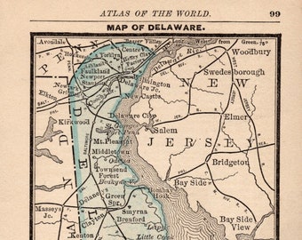 1888 Tiny DELAWARE State Map MINIATURE Map of Delaware Office Decor Anniversary Gift for Birthday Wedding Graduation 1244