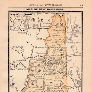 1888 Tiny New Hampshire State Map Antique Miniature Map of New Hampshire Wall Decor Birthday Gift for Anniversary 1392