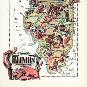 1940s Vintage Illinois State Picture Map Wall Art Decor Map of Illinois Gallery Wall Decor Gift For Birthday Wedding Anniversary  1399