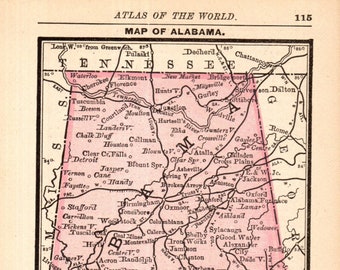 1888 Tiny ALABAMA State Map Miniature Vintage Map of Alabama Library Decor Anniversary Gift for Traveler Wedding Birthday 13613