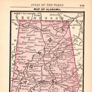 Petite carte vintage de l'Alabama en 1888, carte vintage miniature de l'Alabama, décoration bibliothèque, cadeau d'anniversaire pour voyageur, anniversaire de mariage 13613