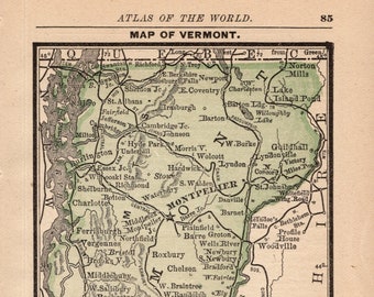 1888 Tiny Map of VERMONT Antique Vintage MINIATURE Vermont State Map Gift for Wedding Birthday Anniversary 1970