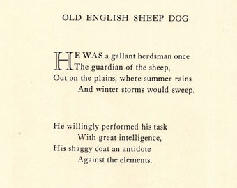 1936 Antique Old English Sheepdog Poem Print Old English Sheepdog Dog Poetry Gallery Wall Art Birthday Gift Idea 982g