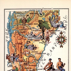 1950's Vintage VERMONT State Map Animated Vermont Picture Map Wall Art Decor Vermont Gift For Birthday Graduation Wedding 1903