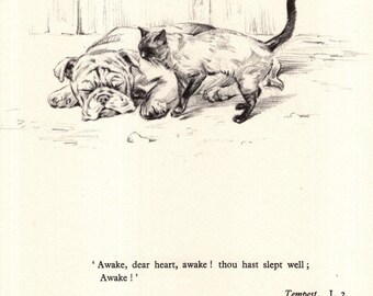 Vintage Bulldogg och Siamesisk Katttryck från 1930-talet Shakespeare Tempest Citat 12309r