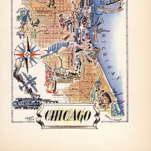 Vintage CHICAGO City Picture Map 1950s Animated Map of Chicago Gallery Wall Art Chicago Map Gift for Wedding Anniversary Birthday 2910