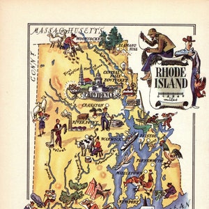 1950er Jahre Vintage RHODE ISLAND Landkarte Animierte Landkarte von Rhode Island Wandkunst Dekor Geschenk zum Geburtstag Hochzeitstag 1902