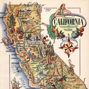 Puede incluir: Mapa ilustrado vintage de California, con monumentos, ciudades e ilustraciones de agricultura e industria. Incluye una rosa de los vientos, una mujer con un vestido verde y el texto "CALIFORNIA".