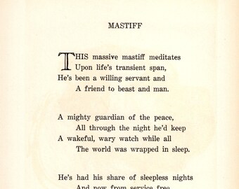 Mastiff Poem Print Vintage 1933 Sweet Mastiff Dog Poetry Print Gallery Wall Art Birthday Gift Idea 9003a