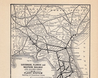 1901 Antique Savannah Florida and Western Railway Map Plant System Railway Steamboat Lines Railroad Map Wall Decor Gift  1442