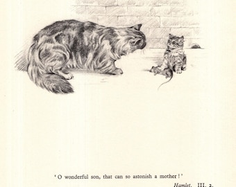 Vintage katt- och kattungetryck Mor och barn-tema 1930-tals Shakespeare Hamlet-citat O underbar son 12312u