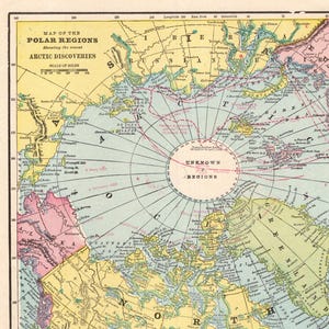 1899 Antique North Pole Map of the Arctic Polar Regions Map George Cram Arctic Discoveries Map Gift For Birthday Wedding 3239
