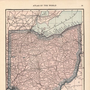 Carte vintage de l'État de l'OHIO, 1917, carte vintage de l'Ohio, galerie d'art mural, bibliothèque, décoration d'anniversaire, cadeau de mariage pour un anniversaire, haw 362