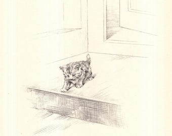 Vintage kattunge katttryck 1930-talet Shakespeare-citat Timon av Aten livets osäkra resa 12310-talet