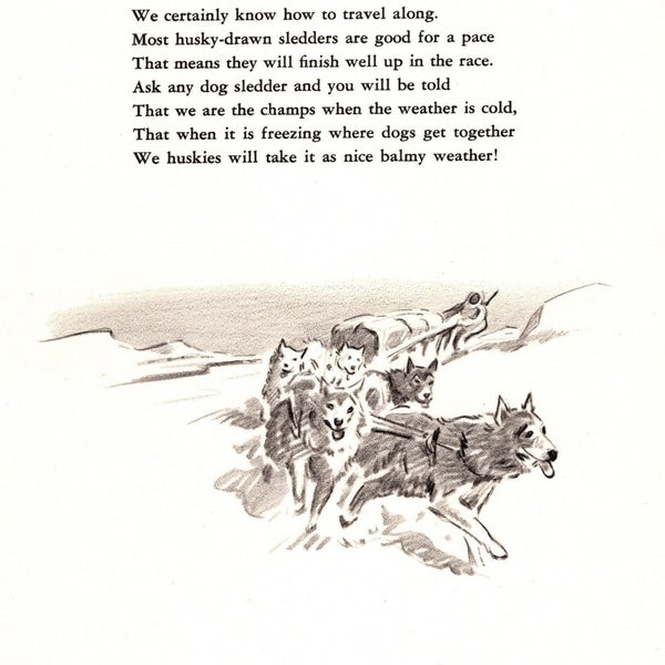 1940s Vintage HUSKY Poetry Print Morgan Dennis Sled Dog Art and Poem Print Husky Illustration Pet Art Birthday Gift Idea 6763v