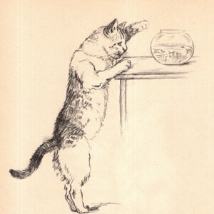 Lovely Vintage Cat Print Wall Art Decor Cat and Fishbowl Illustration 1941 Gladys Emerson Cook Cat Art Home Decor Birthday Gift 11822z image 1