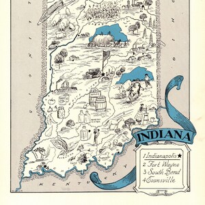 Rare Indiana Picture Map 1930s Animated Blue State Map of Indiana Wall Art Decor Housewarming Gift for Anniversary Wedding Birthday 913