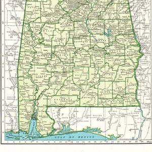 Ancienne carte de l'ALABAMA 1942 carte de l'état de l'Alabama galerie cadeau d'art mural pour anniversaire de pendaison de crémaillère de mariage 12804