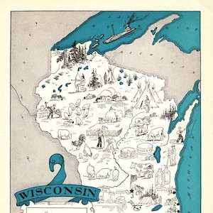 1930s Wisconsin State Map Blue Picture Map of Wisconsin Wall Art Decor Wisconsin Gift for Anniversary Wedding Birthday 1908