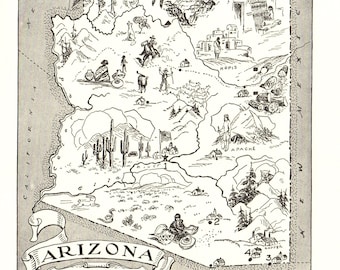 1950s Vintage ARIZONA Picture Map State Cartoon Map of Arizona Animated Map Gift for Traveler Anniversary Wedding Birthday 3365