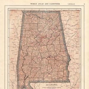 Mapa antiguo del estado de Alabama de 1917. Mapa vintage de Alabama. Arte mural. Decoración del hogar. Regalo de cumpleaños para aniversario. Inauguración de la casa. 2329
