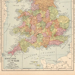 Antique England and Wales Map Vintage 1914 Map of England Wales Wall Decor Gift For Birthday Wedding Anniversary 2409