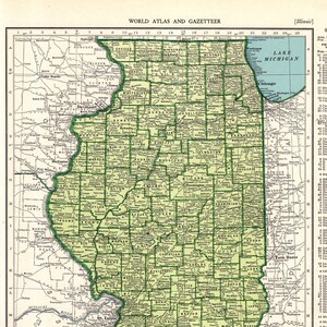 Carte de l'état de l'ILLINOIS, carte de l'Illinois vintage 1942, décoration murale de la galerie, cadeau d'anniversaire pour mariage, pendaison de crémaillère 2934