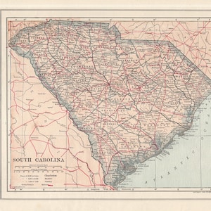 1906 Antike SOUTH CAROLINA Karte Vintage Zustand Karte von South Carolina Galerie-Wand-Dekor-Geschenk für Geburtstag Hochzeitstag 2661