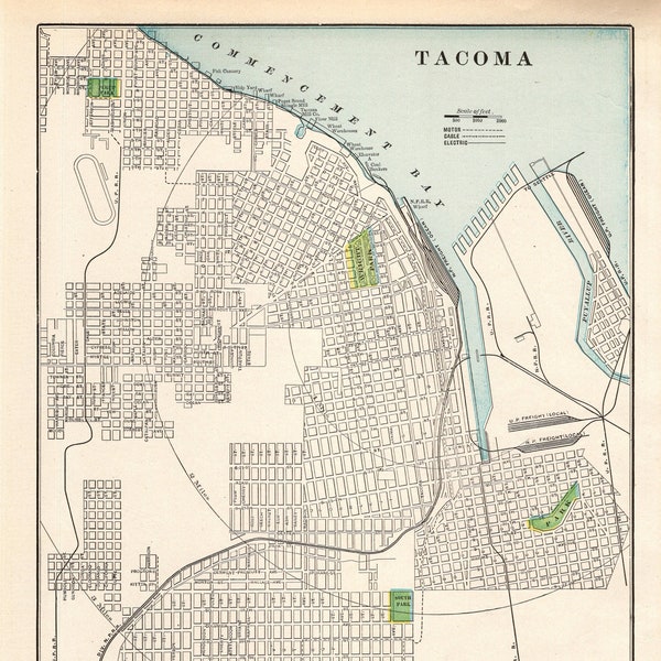 1901 Antique Tacoma Washington Street Map George Cram City Map of Tacoma Gallery Wall Decor Gift for Birthday Graduation Anniversary 2046