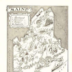 1950s Vintage Maine Picture Map Animated Map of Maine Housewarming Gift for Traveler Anniversary Wedding Birthday 3362